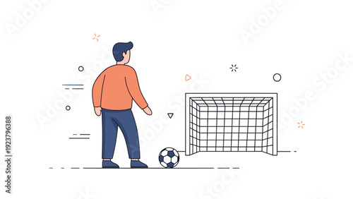 Cartoon male playing soccer with ball near goal post