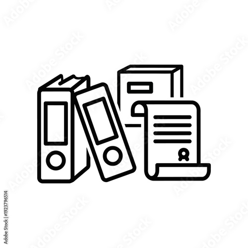 Minimalist line art illustration of classic analog devices including a camera, cassette player, film roll, and recorder for retro design projects.