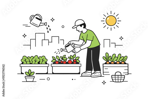 Urban rooftop harvest. A person watering plants in compact planters, small floating watering can and sun icons, peaceful and sustainable mood. Minimalist flat