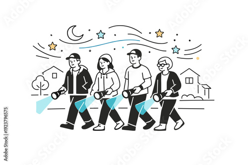 Community night patrol. A small group of neighbors walking together with flashlights on a quiet street, abstract floating stars and motion