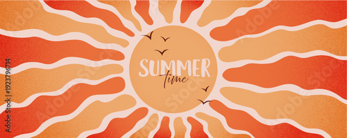 Summer time. Sunny horizontal banner with grainy noise effect. Groovy retro background in naive style. Hippie Aesthetic
