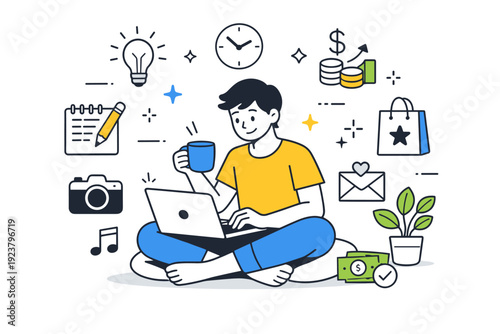 Side hustle. Contemporary stock illustration with a relaxed character working remotely from home, surrounded by small icons of creativity and income. The mood