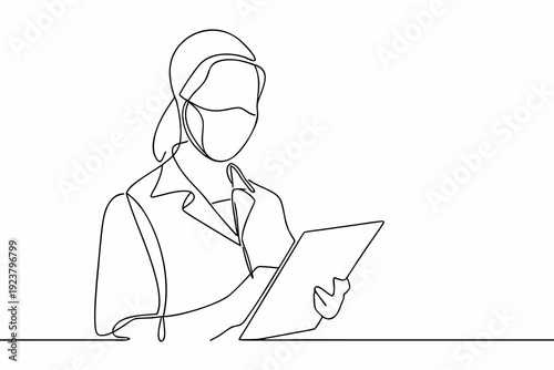 One continuous line drawing of a woman looking at a tablet