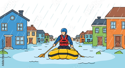 A person in a yellow inflatable boat navigates through flooded streets with rain, passing colorful houses during extreme weather conditions.