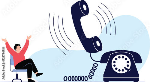 Excited man answering ringing phone call, retro telephone communication concept flat vector illustration for customer support