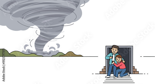 Cartoon illustration of a family taking shelter from a severe weather event, a tornado, in a doorway with a white background.
