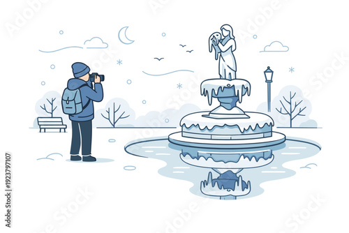 Quiet winter photo moment. A single photographer standing near a frozen fountain or statue in a park. Reflection, solitude, and creative