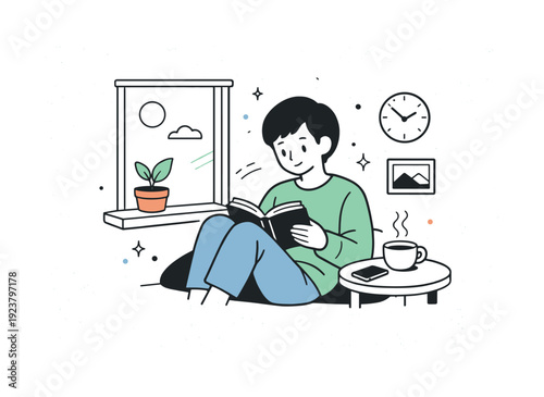 Young man relaxing indoors reading a book with a cup of coffee and a plant by the window