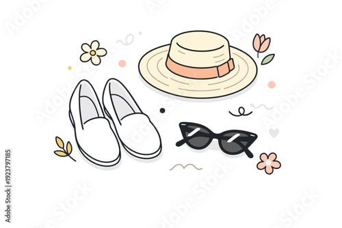 Spring accessories arrangement. Light shoes, a hat, and sunglasses placed in a tidy flat lay with abstract floral accents around. Gentle