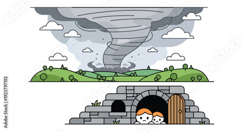 Cartoon illustration of a tornado approaching over a green hill towards a small stone bunker with two characters taking shelter, depicting an extreme weather event.