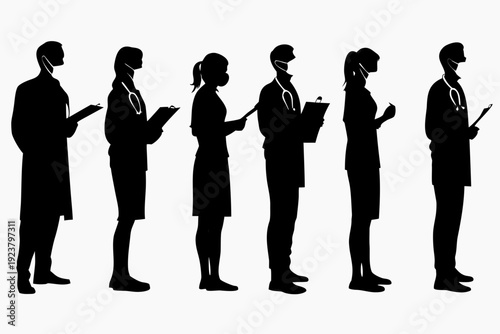 Silhouette of six medical professionals in a row facing right