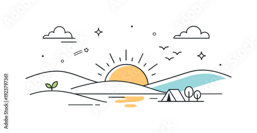 Minimalist sunrise over a serene landscape with a tent and growing plant