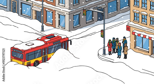 Illustration of a red and yellow bus stuck in a snow drift on a street corner during extreme winter weather, with people waiting nearby.