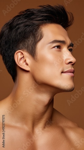 Profile of a male model with a defined jawline and side pose against a warm brown background