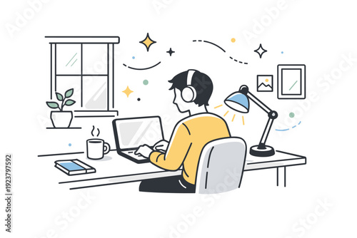 Home office lighting. A person working at a desk with natural light from a window and a desk lamp, abstract stars and floating