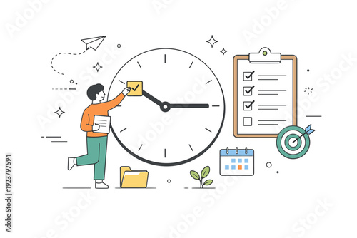 Time management. Calm editorial scene with a person organizing tasks around a simple clock and checklist, focusing on priorities rather than