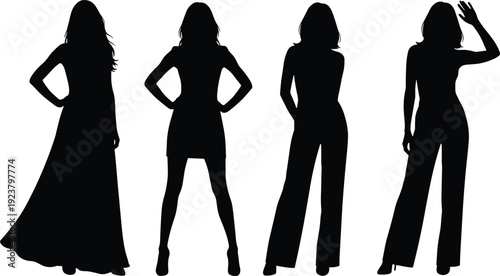 Collection of Four Elegant Women Silhouettes Posing in Fashionable Outfits Including Long Dress and Wide Leg Trousers Isolated on White Background for Modern Design