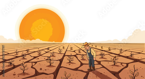 Illustration of a person standing in a vast, cracked, dry landscape with withered plants under a large orange sun, conveying a sense of extreme weather and drought conditions.