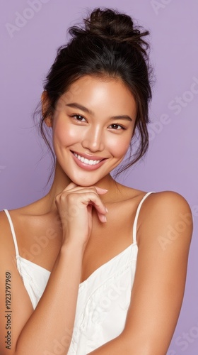 Young Asian woman smiling gently while touching her chin, set against a soft purple background with bright light