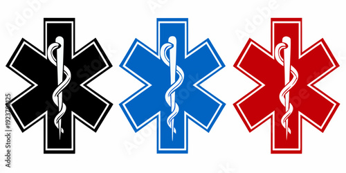 Three star of life symbols in black blue and red colors