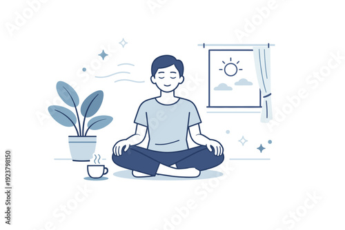 Mindful pause during the day. A person taking a short break, sitting near a window or plant, breathing calmly. Rest, presence, and gentle mental reset.