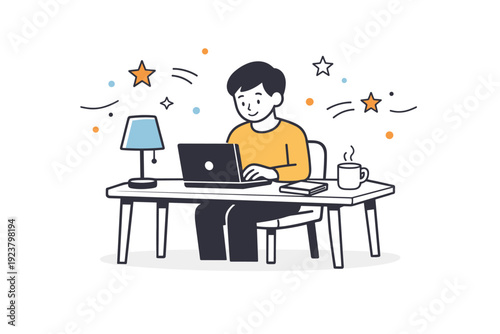 Evening focus at home. A person working on a laptop at a small wooden table, warm lamp light casting soft shadows, abstract stars and dots floating around,