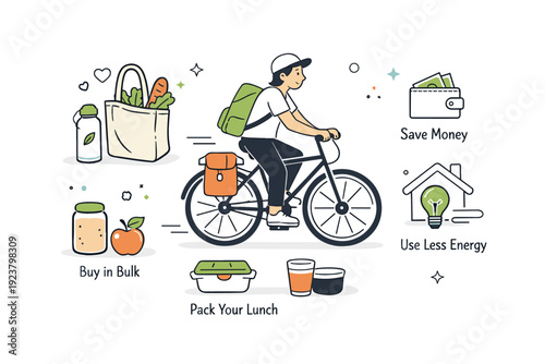 Affordable living concepts. Individual using a bicycle and reusable items as part of daily routine. Practical habits supporting a low-cost lifestyle.