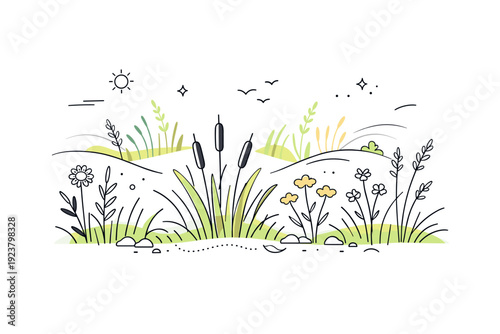 Wild grass and meadow details. Soft layers of grasses forming a minimal natural background, suggesting depth and seasonal growth. Peaceful composition inspired