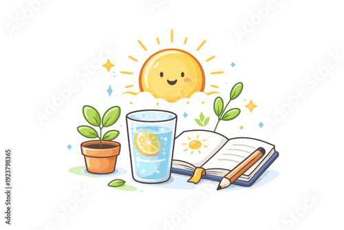 Spring morning light calm brightness illuminating simple natural elements, conveying peaceful focus and the clarity of a fresh start. A friendly icon-style