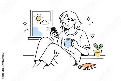 Unfiltered lifestyle photography look. Everyday moment captured naturally, person sitting by a window with a phone and coffee, imperfect posture and relaxed