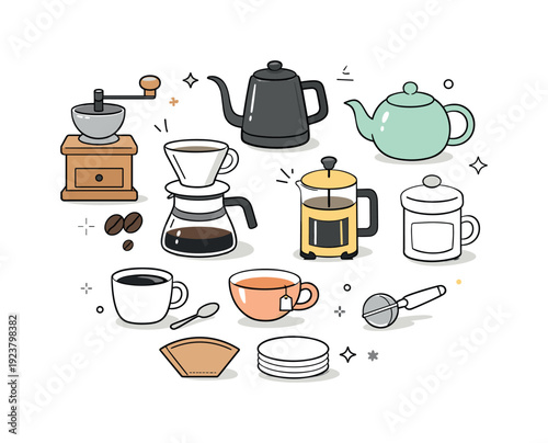 Collection of cute illustrated coffee and tea brewing equipment and beverages