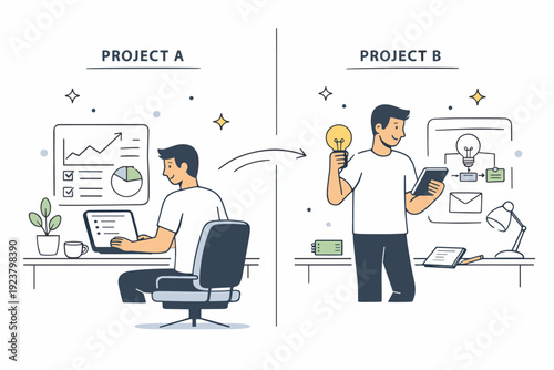 Task switching between projects. A split workspace showing two simplified project views, the worker smoothly moving from one to another. Balanced multitasking