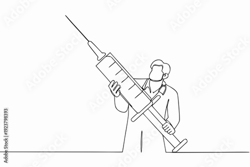 Line drawing of a doctor holding a large syringe for vaccination