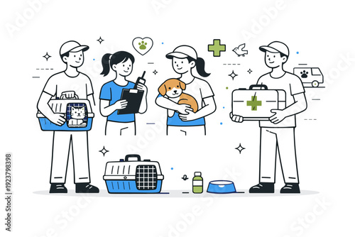 Animal care mission. Volunteers coordinating animal rescue efforts, holding carriers and medical kits. Organized compassion and teamwork for