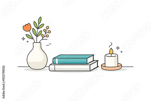 Minimalist decor update. A table with a vase, book, and candle carefully arranged, showing attention to balance and space. The scene feels thoughtful and