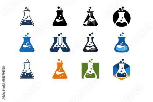 Chemistry lesson. Icon set. Set Logo of Chemistry lesson: laboratory flask. harmonious logo variations of the same emblematic concept, each with different