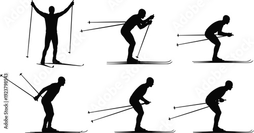 Set of cross country skiing athlete silhouettes in motion isolated on white background, black winter sports figures collection for training, competition, and fitness design