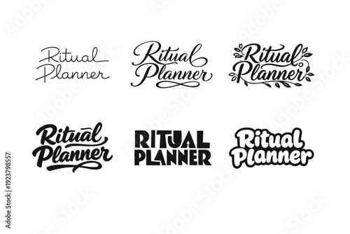 Ritual planner lettering. Set lettering. harmonious lettering variations of the same emblematic concept, each with different artistic