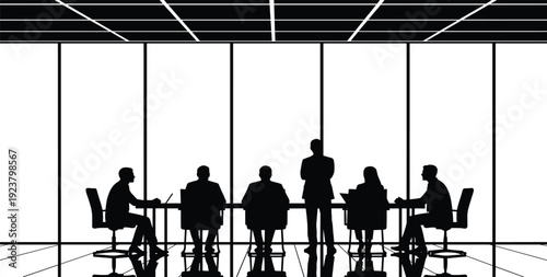Professional business team silhouette in a modern conference room meeting with large windows and city view for corporate leadership and collaborative teamwork success.