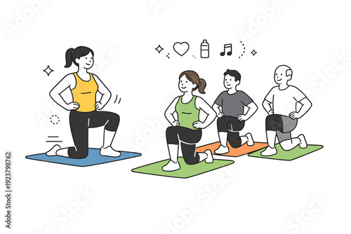 Fitness training with people. A small group follows a trainer demonstrating simple exercises on a mat. Calm active mood with focus on healthy