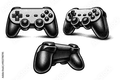 Game controller illustrated as a retro-inspired controller with directional pad and buttons displayed in frontal view, slight tilt view, and