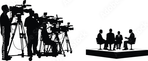 Silhouette of professional camera crew filming a live television talk show interview with four businessmen on stage for news broadcast media and journalism projects