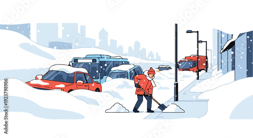 A person in a red winter coat shovels snow on a city street with cars buried in the snow during a snowy weather event.