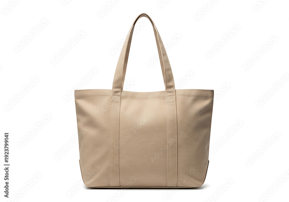 Naklejka premium A beige tote bag with two handles displayed against a clean white background