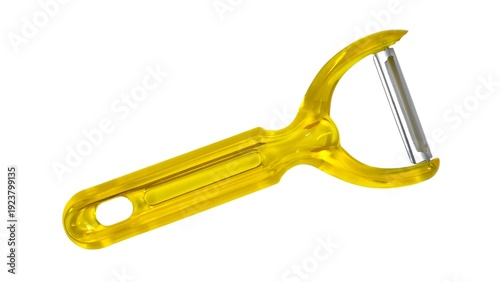Photos Top view of a yellow plastic y-shaped vegetable and fruit peeler, isolated on white background
