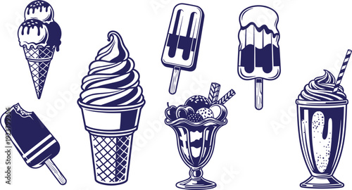 A variety of cold summer treats including ice cream cones popsicles sundaes and milkshakes in a monochromatic illustration