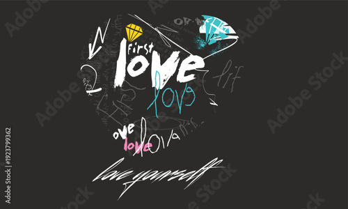tees art, writing love graffiti, love yourself slogan grunge effect slogan Calligraphy, grunge LOVE urban style quote typography. Urban graffiti typography slogan print, Tees graphics print.eps
