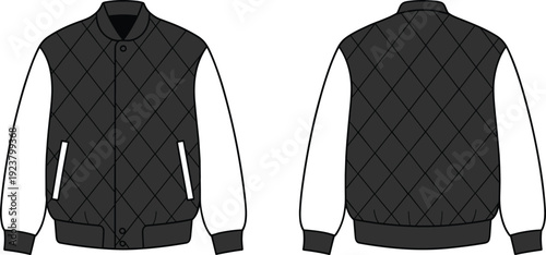 Technical Fashion Flat Sketch of a Quilted Varsity Bomber Jacket with Contrast Sleeves and Ribbed Trim for Apparel Design Mockup