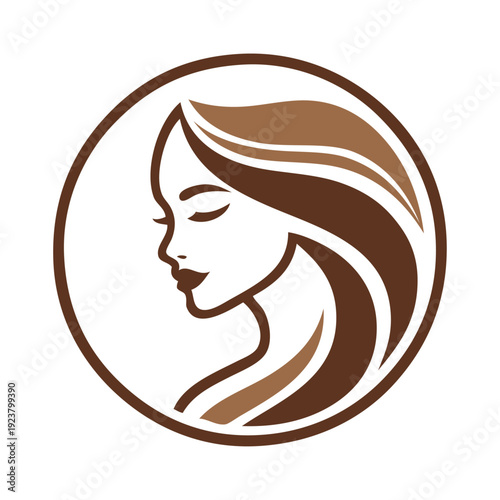 Logotipo de salón de belleza. Dibujo con cara de mujer  de perfil con peinado con ondas en interior de un círculo