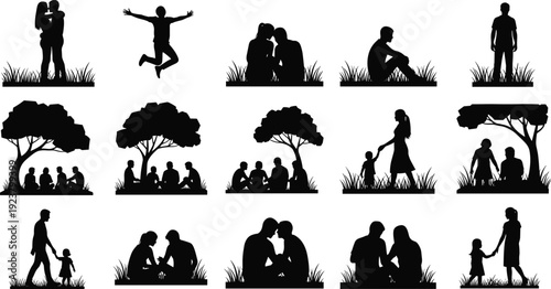 Mega collection of diverse people silhouettes enjoying outdoor activities including families couples and friends sitting under trees playing and walking in the park grass